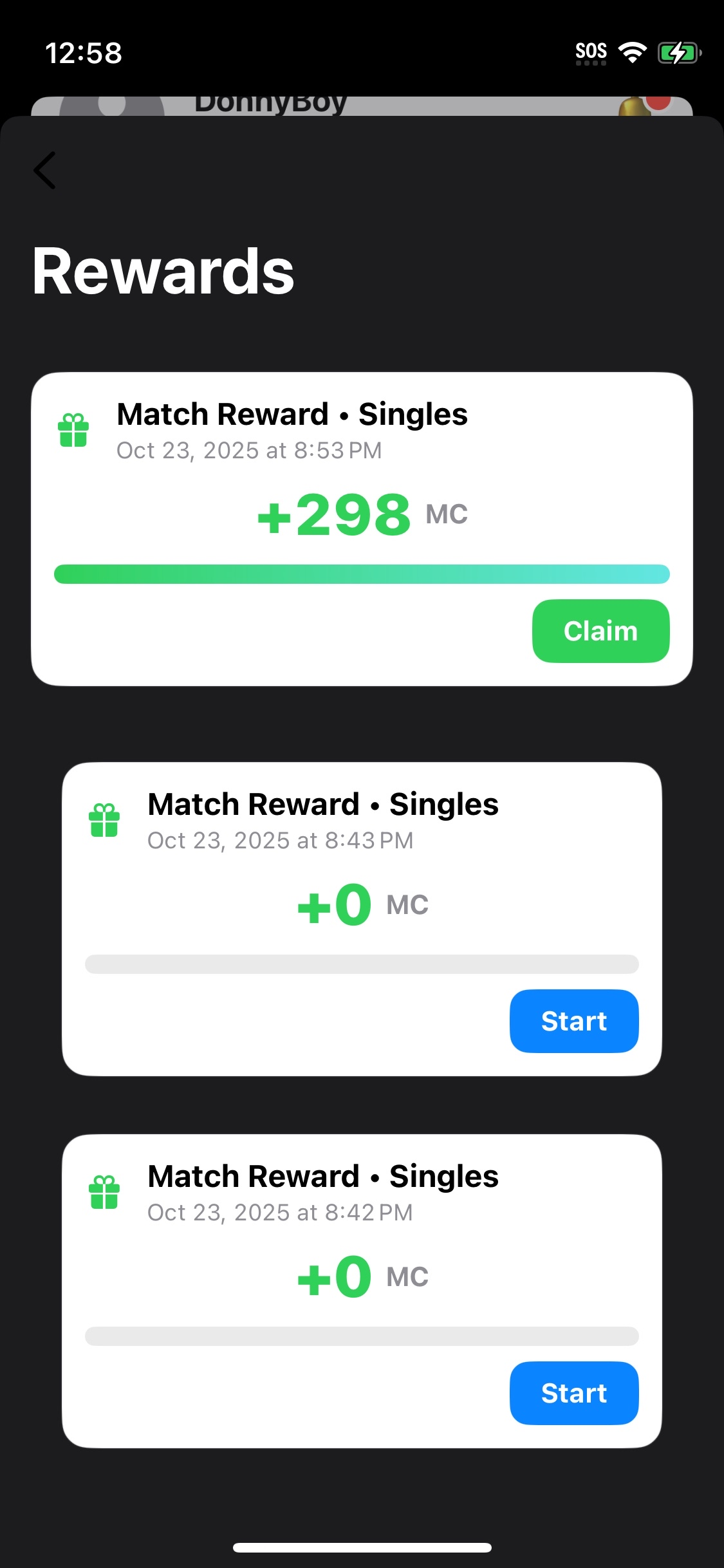 MatchPoint rewards screen